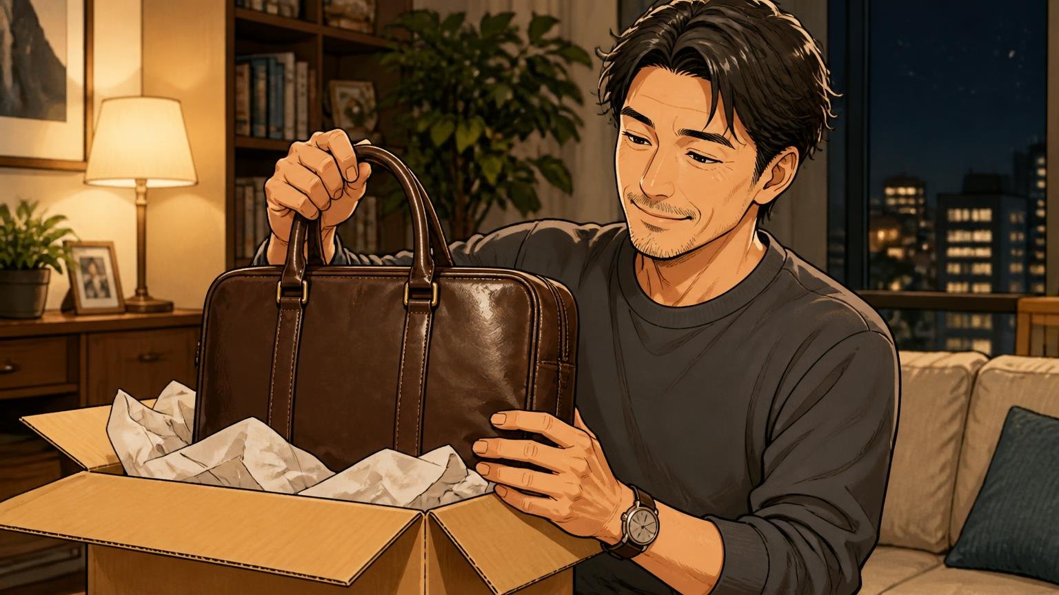 10年後も「これでよかった」と言える1本を、もう一度だけ見比べてみませんか 夜のリビングで届いた箱から革バッグを取り出す場面、40代男性1人が微笑む
