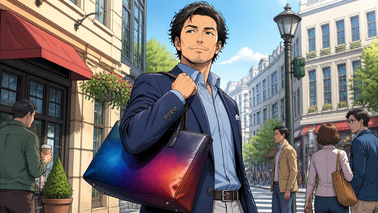 ユハクのバッグが向いている人、街角で色鮮やかな革バッグを肩に掛け胸を張る40代男性1人