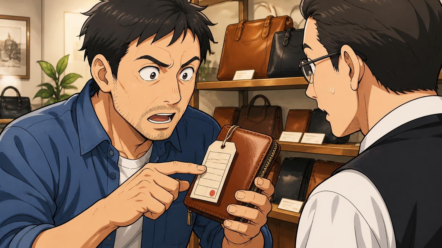 縫製まで日本で行う「日本製」の1本がほしい人 革製品の店頭で商品タグの生産国の欄を指さし、店員に質問する40代の男性客