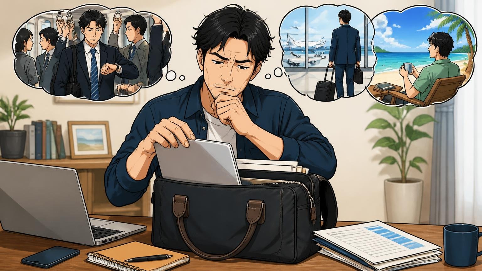 通勤・出張・休日のどれで使うかを先に決める 自宅の机でノートPCと書類をバッグに入れてみる40代男性1人 考え込む表情