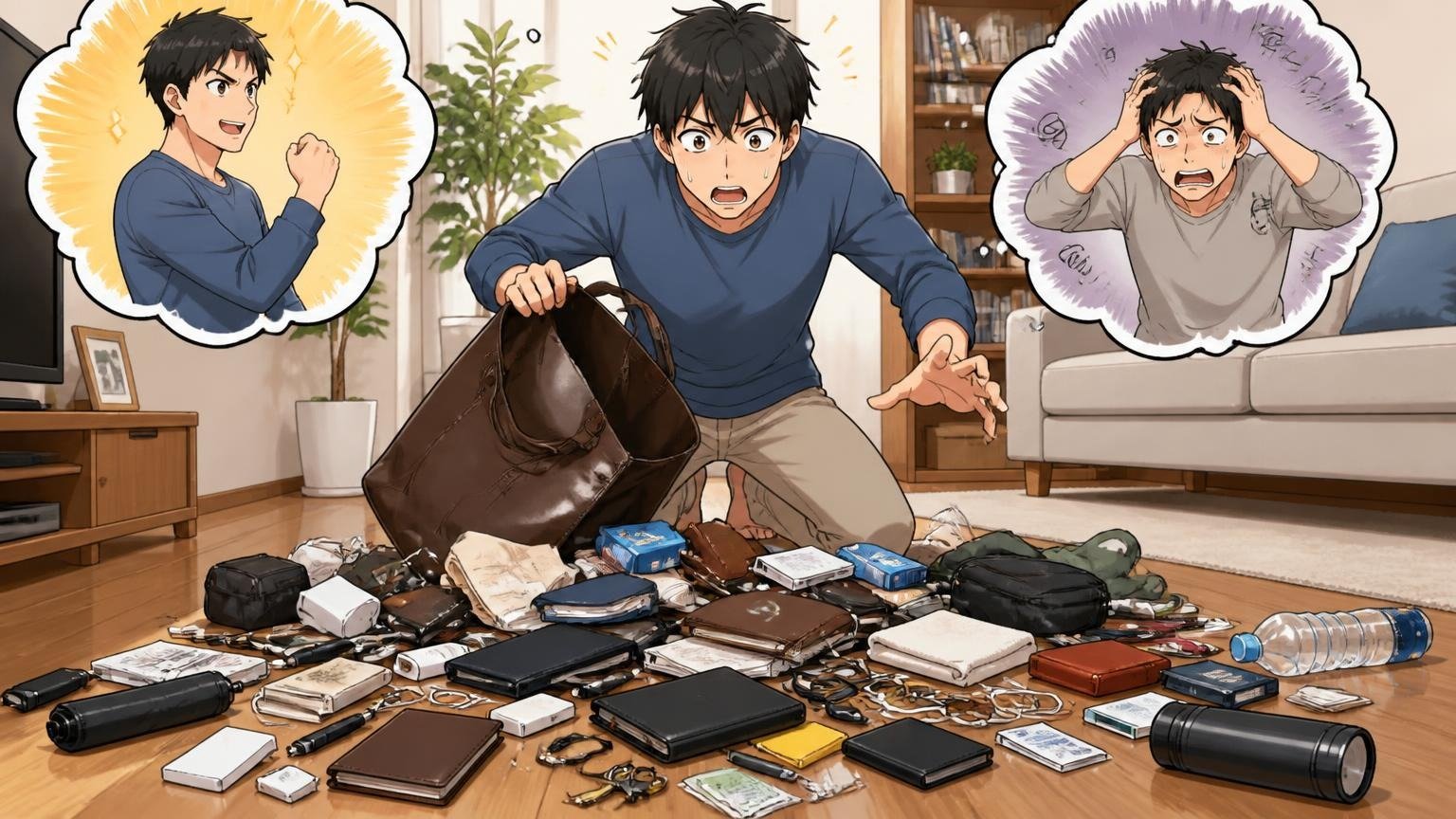 中身を減らす方法が向いている人・向いていない人、自宅のリビングで男性が革トートの中身を床に全部出して仕分けて驚く場面