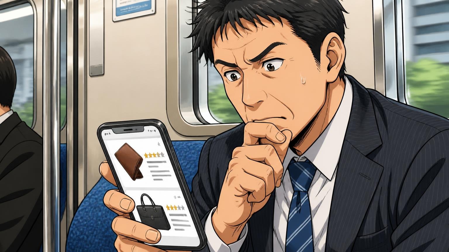 その声は「財布」か「バッグ」か 通勤電車の座席でスマホの口コミ画面を真剣に見比べる40代男性1人
