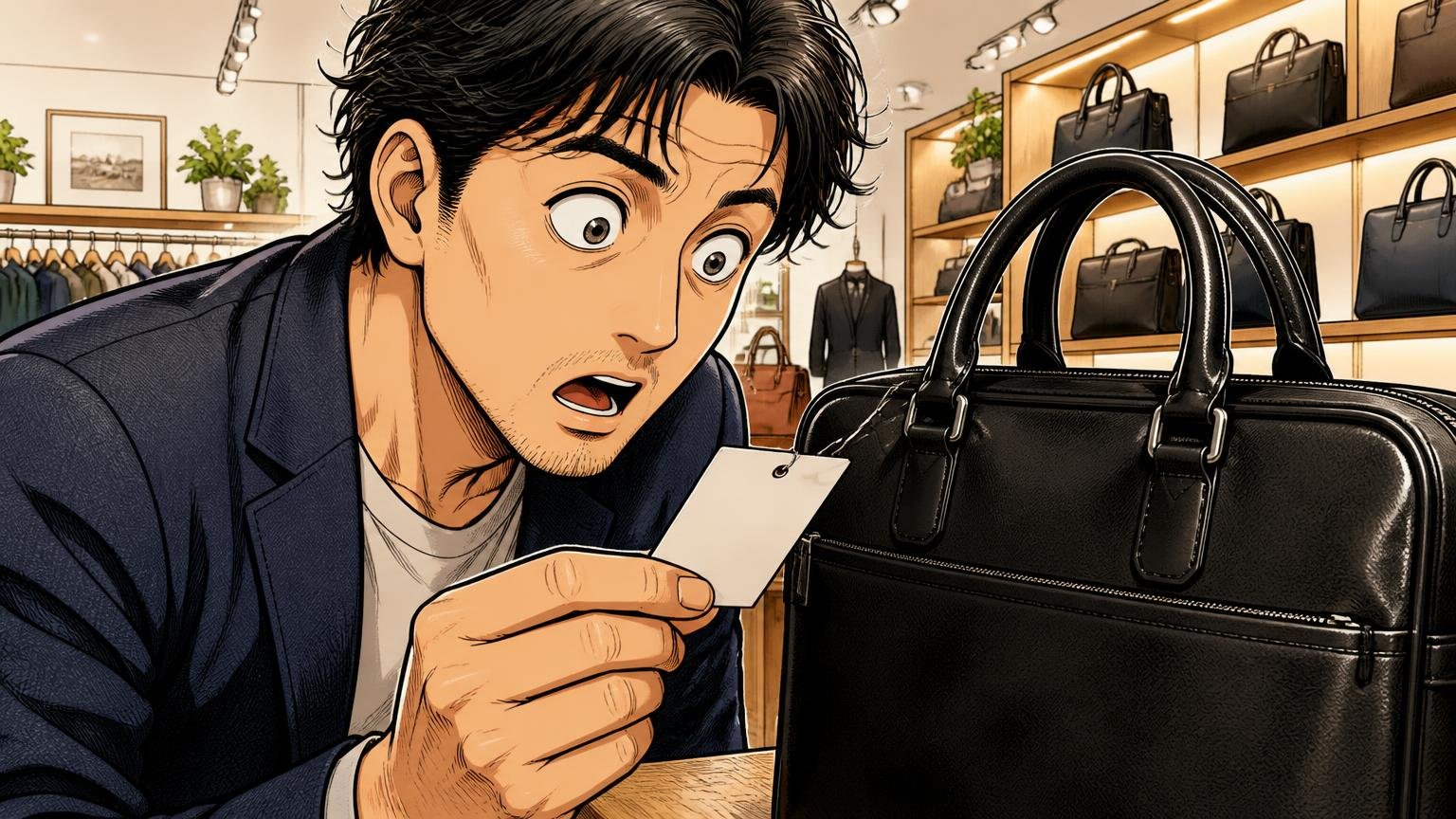 ラゲッジレーベルで本体が革なのはELEMENTだけ セレクトショップで黒い革のブリーフケースの値札を見る場面 40代男性1人が目を丸くする