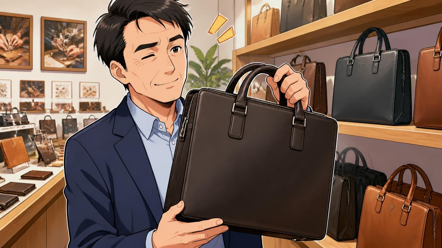 生産国・修理体制・実物を見られる場所を、公式サイトで確かめる ショールームの棚の前で無地の革のビジネスバッグを手に取る40代男性1人が満足そうにうなずく場面