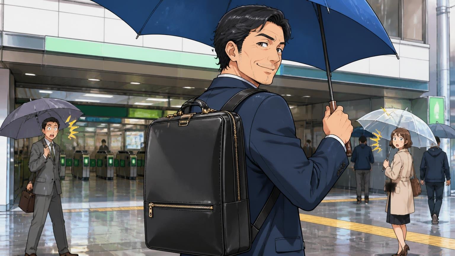 アートフィアーが向いている人、雨の日の駅前で、40代男性1人がダレス型リュックを背負い傘を差して得意げに笑う場面