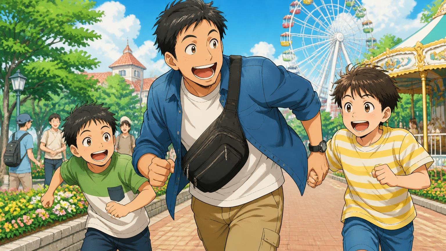 向いている人|軽さ・ポケットの多さ・手頃な価格を優先したい人。休日の行楽地で父親1人がボディバッグを着けて子ども2人と駆け回り、楽しそうに笑う場面