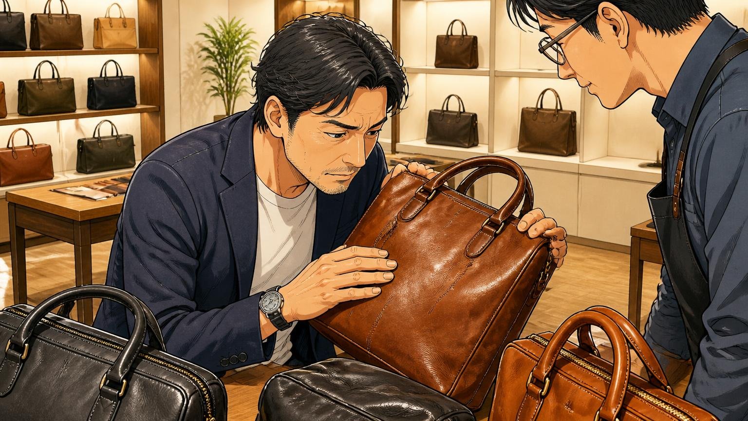 革の質感と修理まで求める40代が見比べたい日本製の革バッグブランド3選、ショールームで店員と革の質感を確かめる男性1人の場面