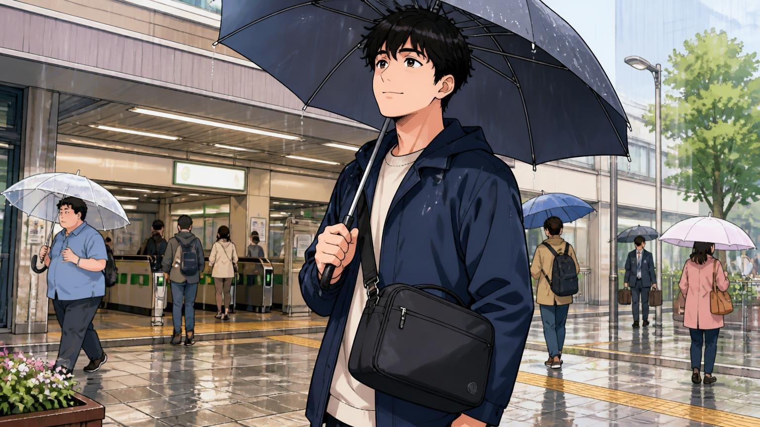 向いている人：軽さ・雨の日の気楽さ・イタリアらしいデザインを優先したい人 雨の日の駅前でショルダーバッグをかけたまま傘を広げる30代男性1人