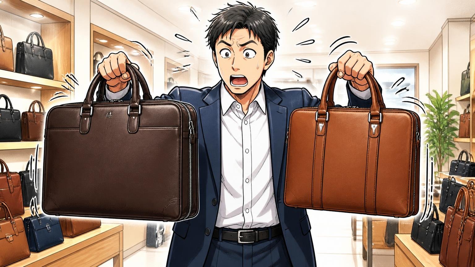 重さ 同じブリーフでも2倍以上違う 店舗の売り場で左右の手に革のブリーフケースを持って重さを比べる40代男性1人が驚く場面