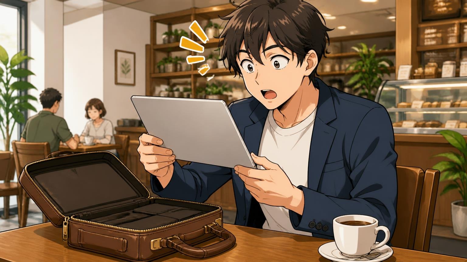 PCを毎日持ち歩き、軽さを最優先したい人。カフェの席でブリーフケースから薄いノートPCを取り出し軽さに驚く男性1人