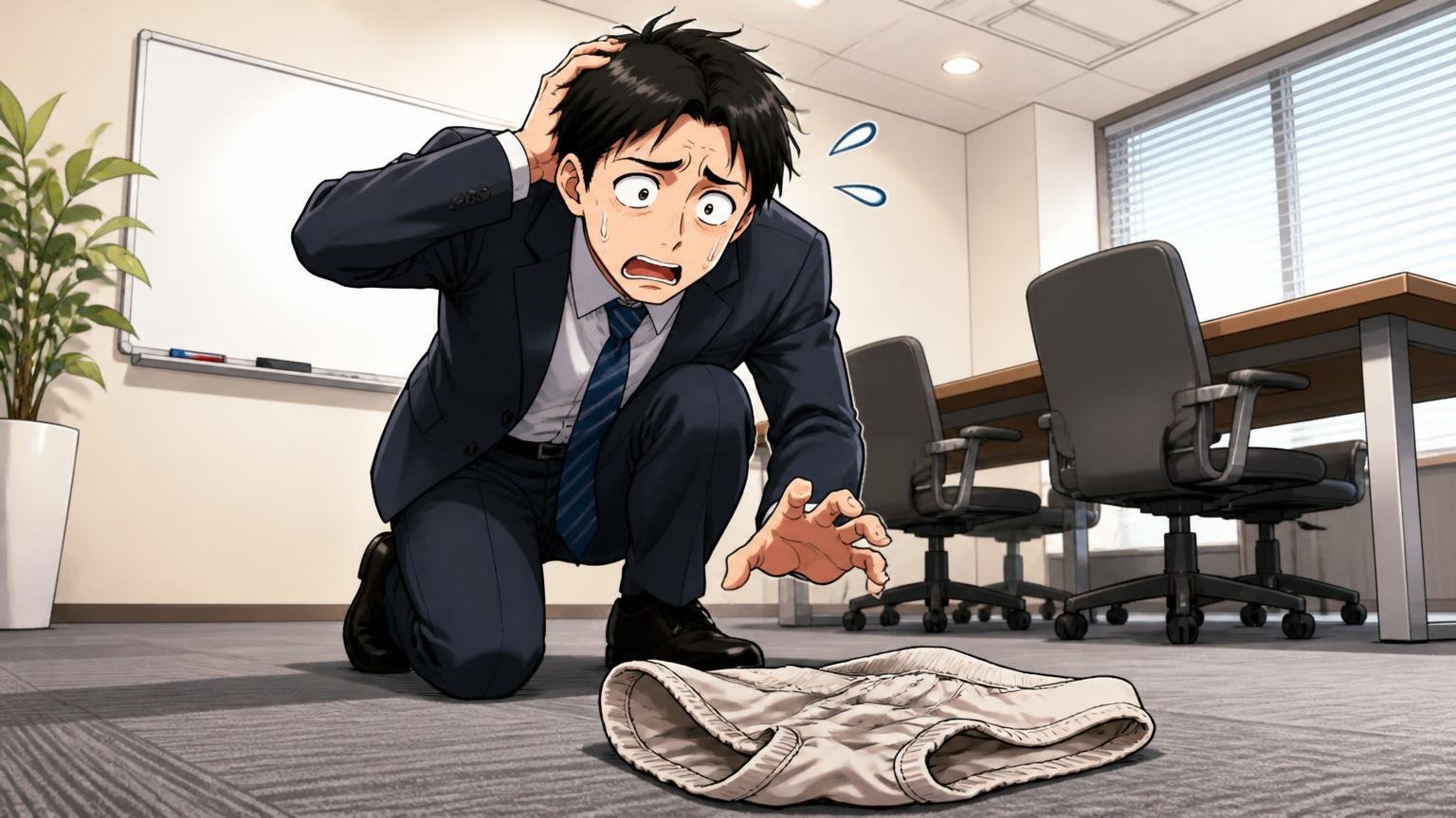 向いていない人 商談前の会議室で倒れた柔らかいブリーフを見て困った顔をする男性の場面