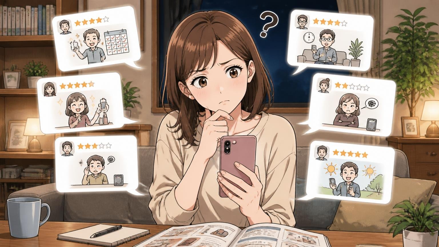 口コミは星の数より「使用年数」と「使い方」で読む、夜のリビングでスマホのレビューを読み比べる30代女性1人が首をかしげる場面