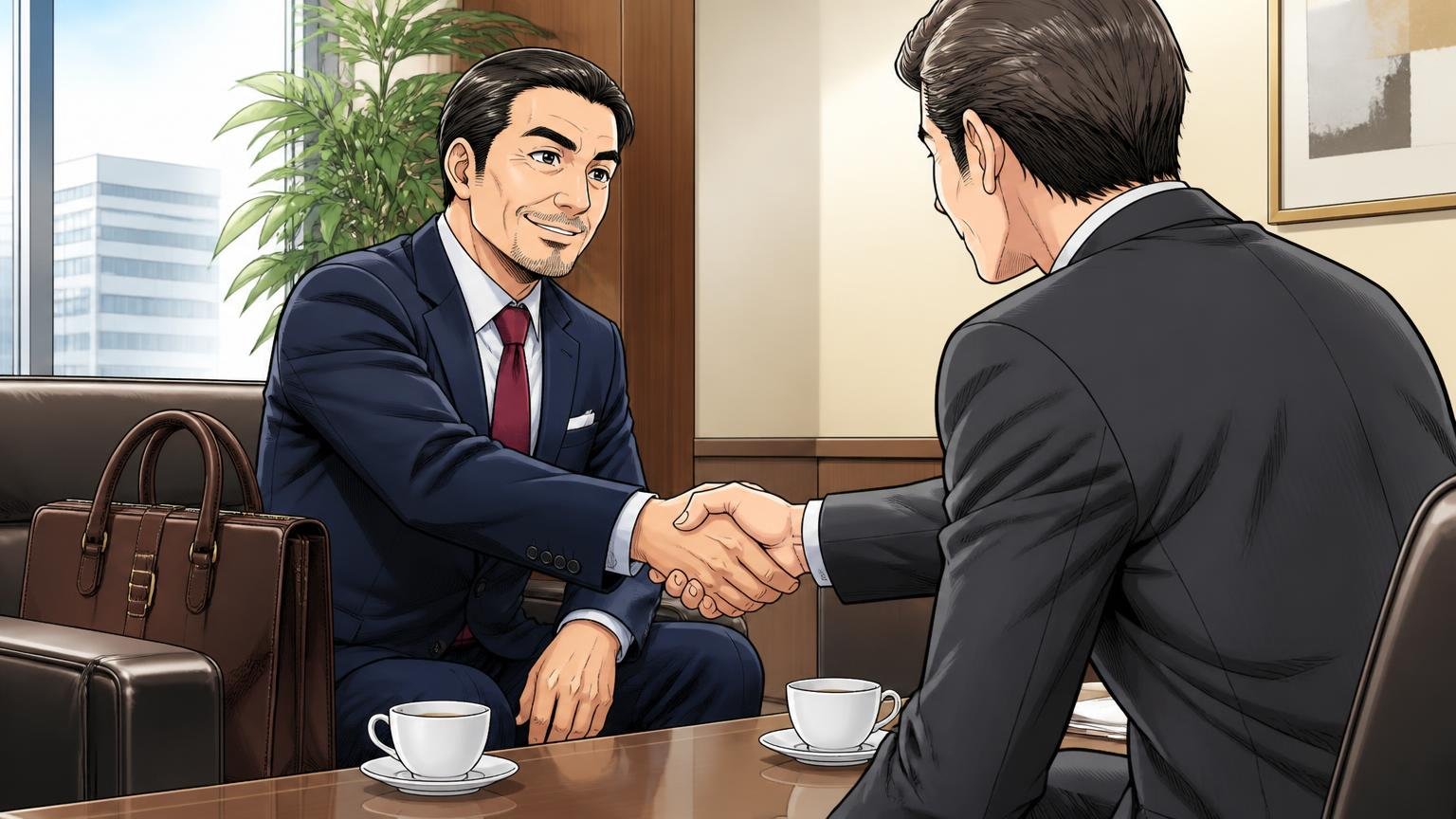 向いていない人｜スーツで商談が多く、革の質感と落ち着きで印象を整えたい40代、取引先の応接室で革のバッグを脇に置いたスーツの40代男性2人が握手を交わす場面