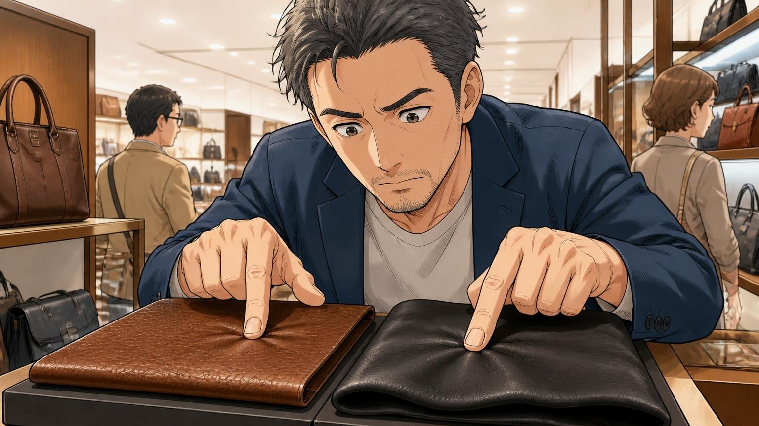 硬めの革か柔らかめの革かを選ぶ 百貨店の鞄売り場で40代男性が2種類の革を指で押して感触を比べる場面