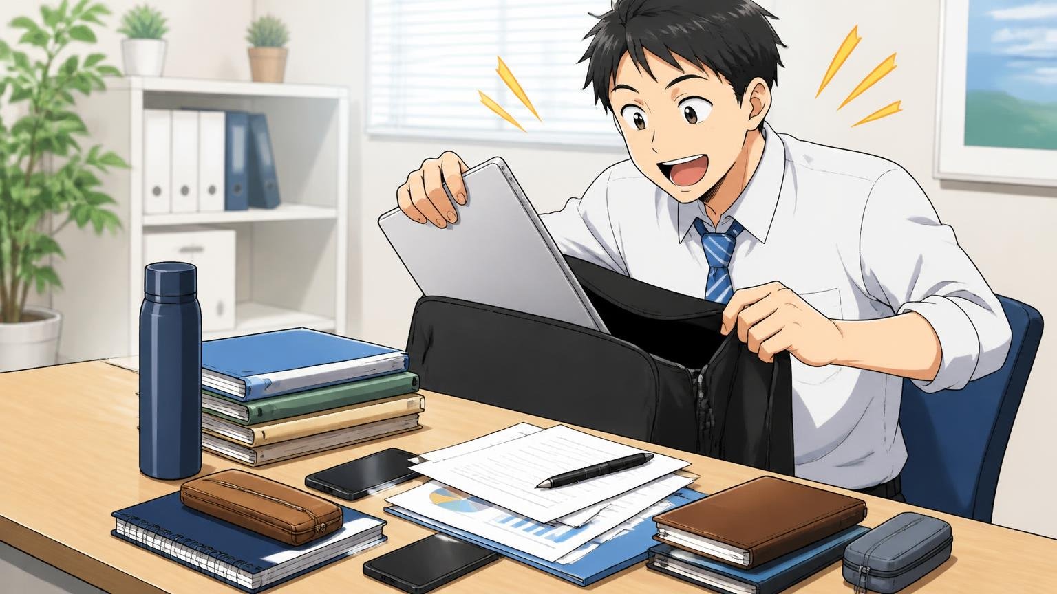 STEP2：中身の量からマチ幅とPC収納を選ぶ オフィスの机にPCや書類や水筒を並べてバッグに詰める男性1人