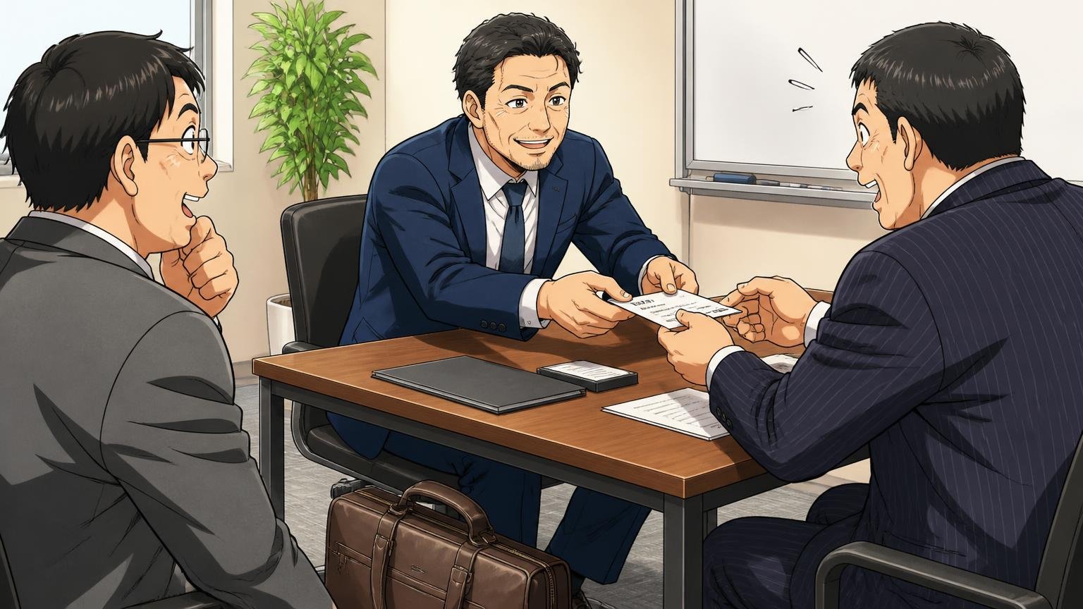 向いていない人：商談や初対面で“革の落ち着き”を見せたい40代 会議室で取引先2人と名刺交換する40代男性が革バッグを足元に置く場面