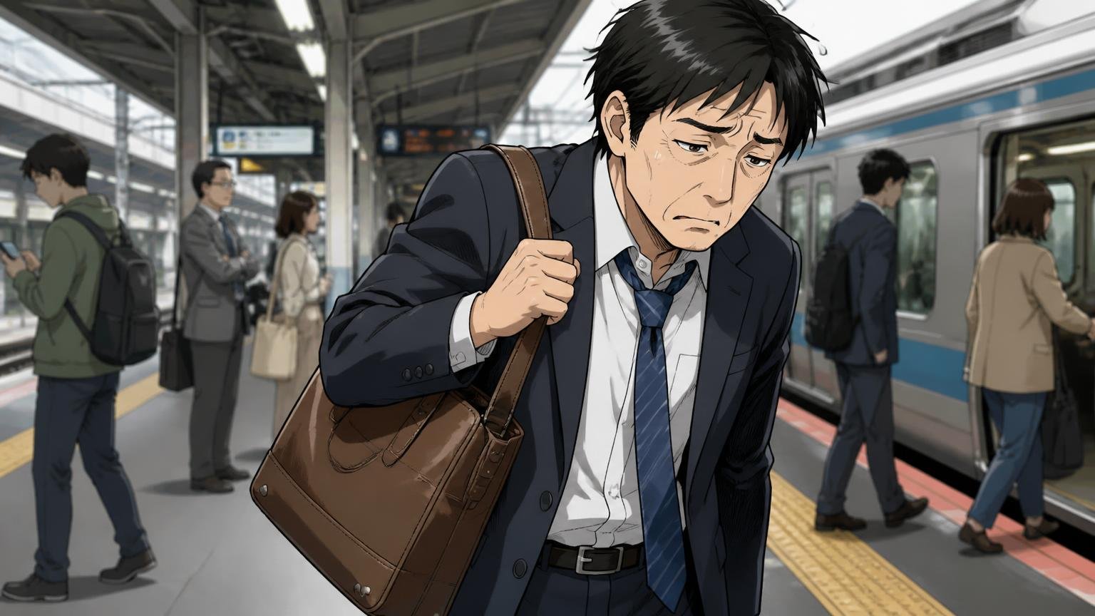 向いていない人。駅のホームで重そうな革バッグを肩にかけ直し疲れた表情で歩く40代男性1人