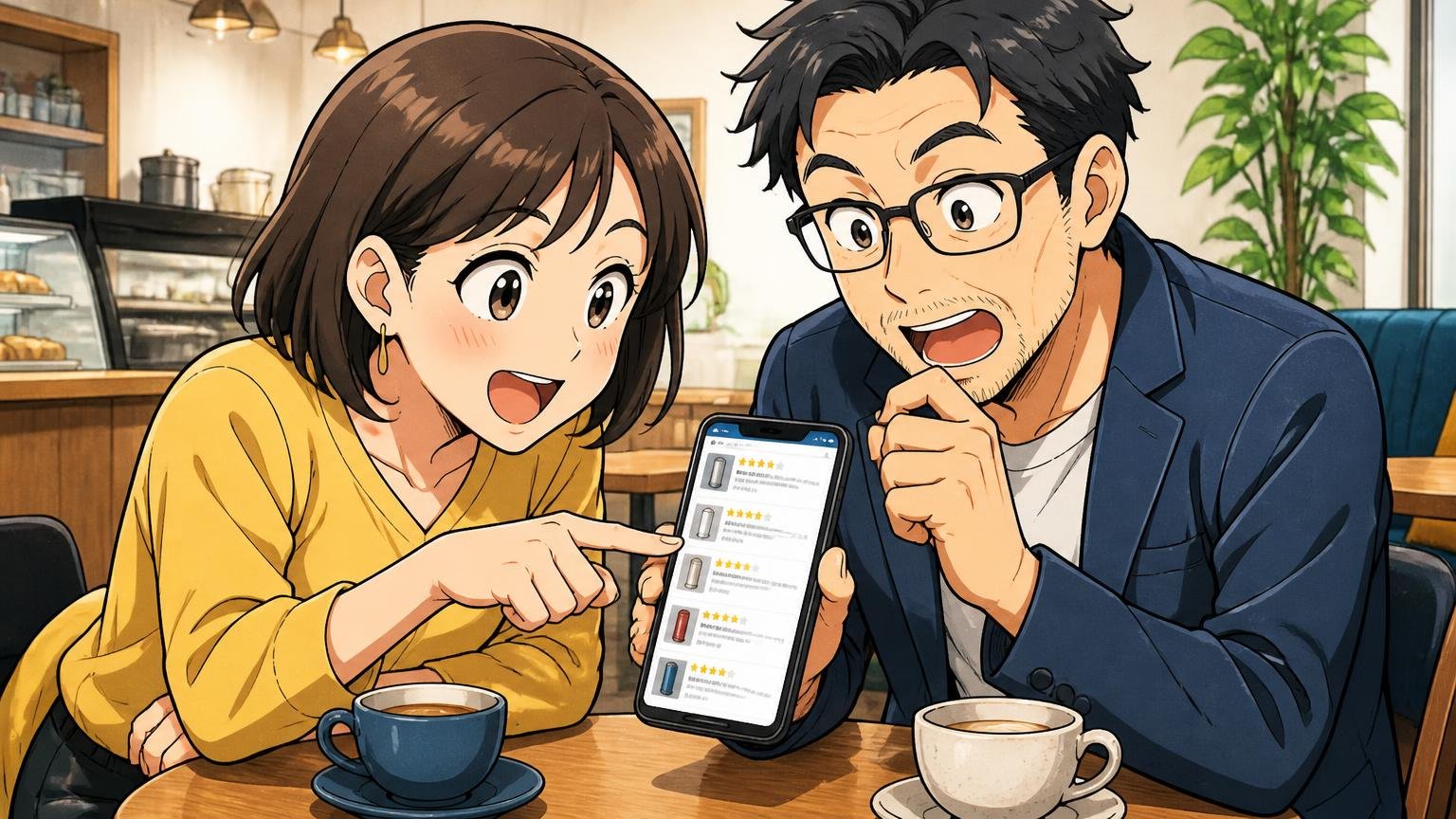 口コミは「投稿年・シリーズ・使用年数」で読む カフェのテーブルでスマホの口コミ画面を指差しながら話し合う30代女性と40代男性の2人の場面