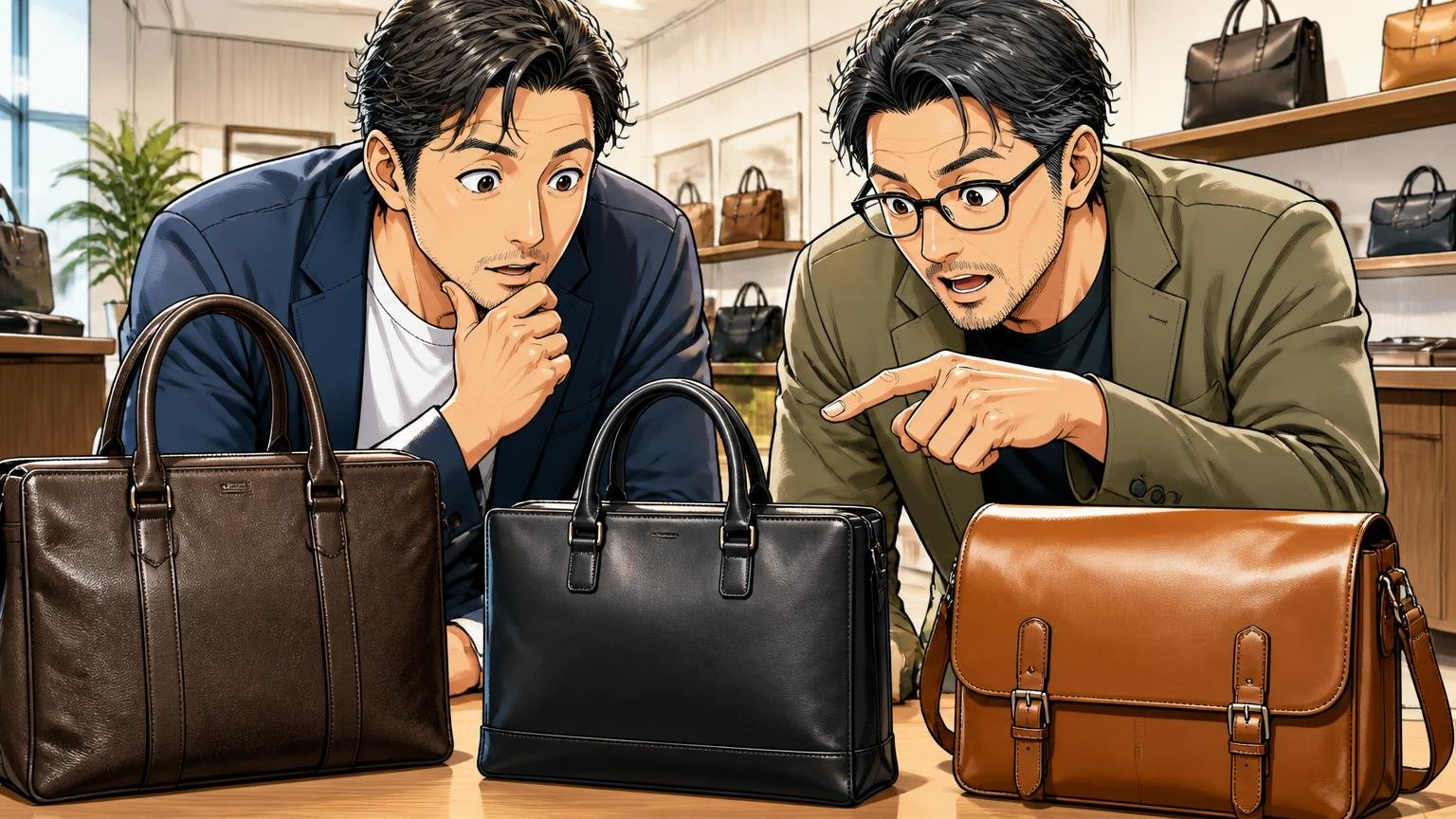 評判を調べ尽くした40代が次に比べたい、日本製の革バッグブランド3選 ショールームで3つの革バッグを並べて妻と見比べる40代の男性2人