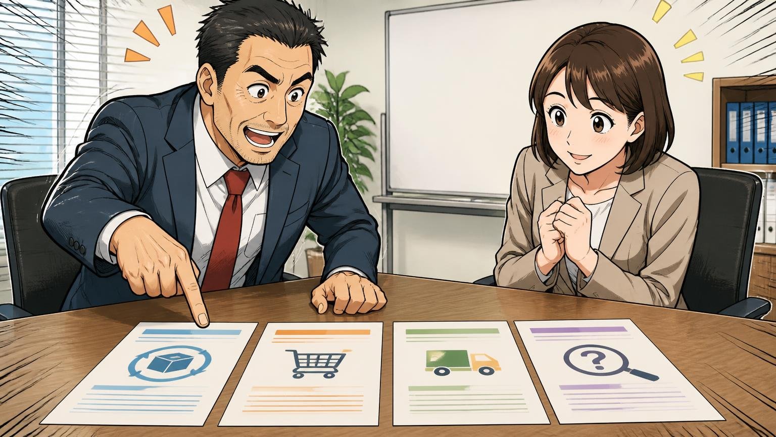 公式は「不良品・誤配送のみ7日以内」、楽天・Yahoo!は「ショップごと」、Amazonは「要確認」 会議室で4枚の書類を並べ示す40代男性と頷く30代女性