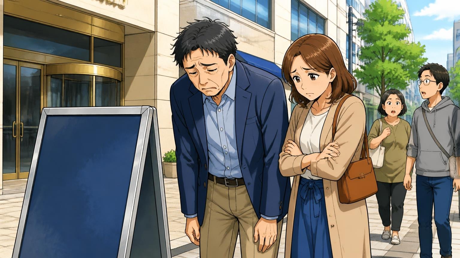 向いていない人はステータス・自立・土日の実物確認・返品を求める人。週末の百貨店前で閉まった案内板を見て肩を落とす40代男性と妻の場面