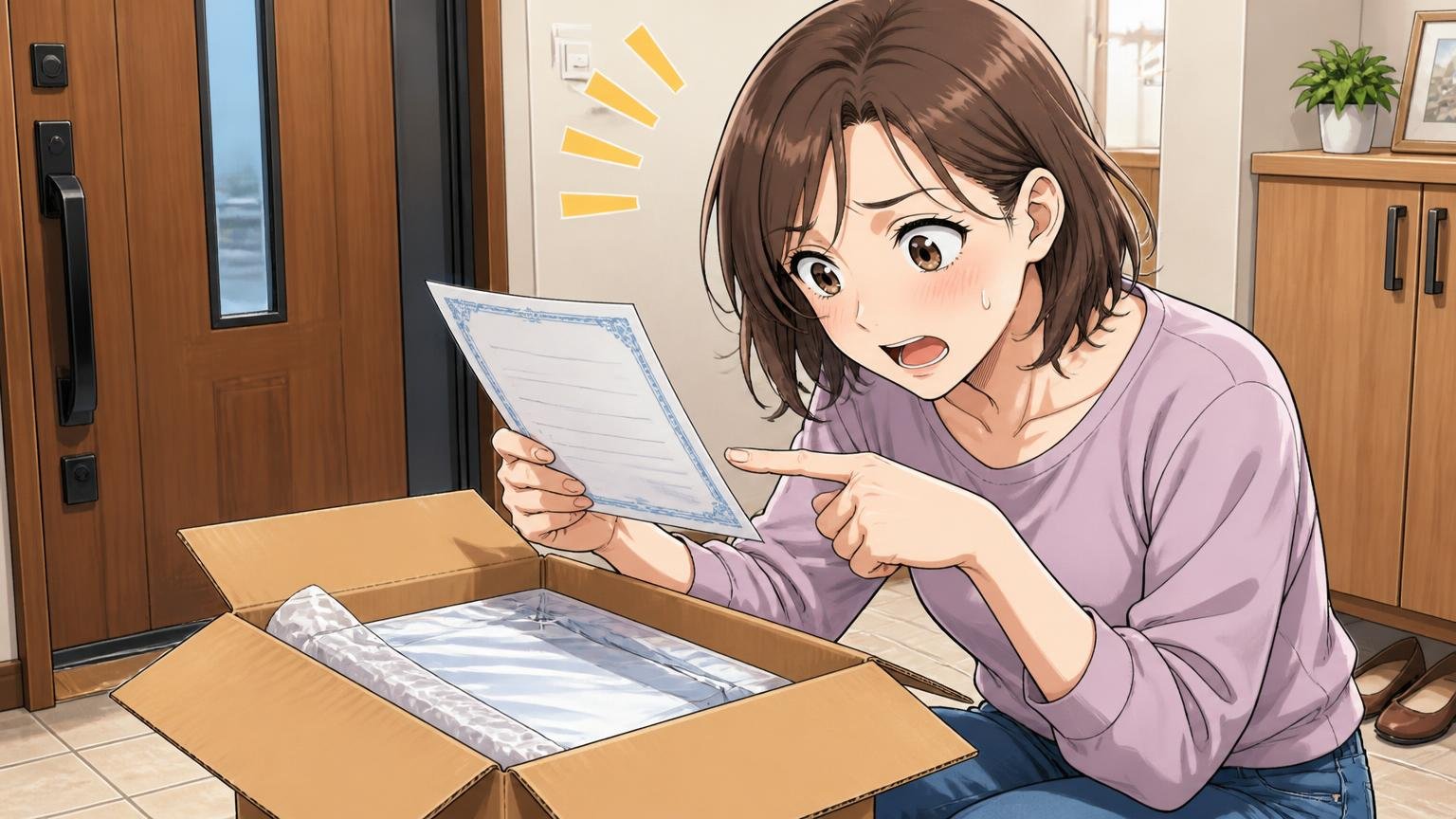 返品は到着後7日以内・自己都合不可｜初期不良は30日以内。自宅の玄関で届いた箱と保証書を確認する30代女性1人が指差して確かめる場面