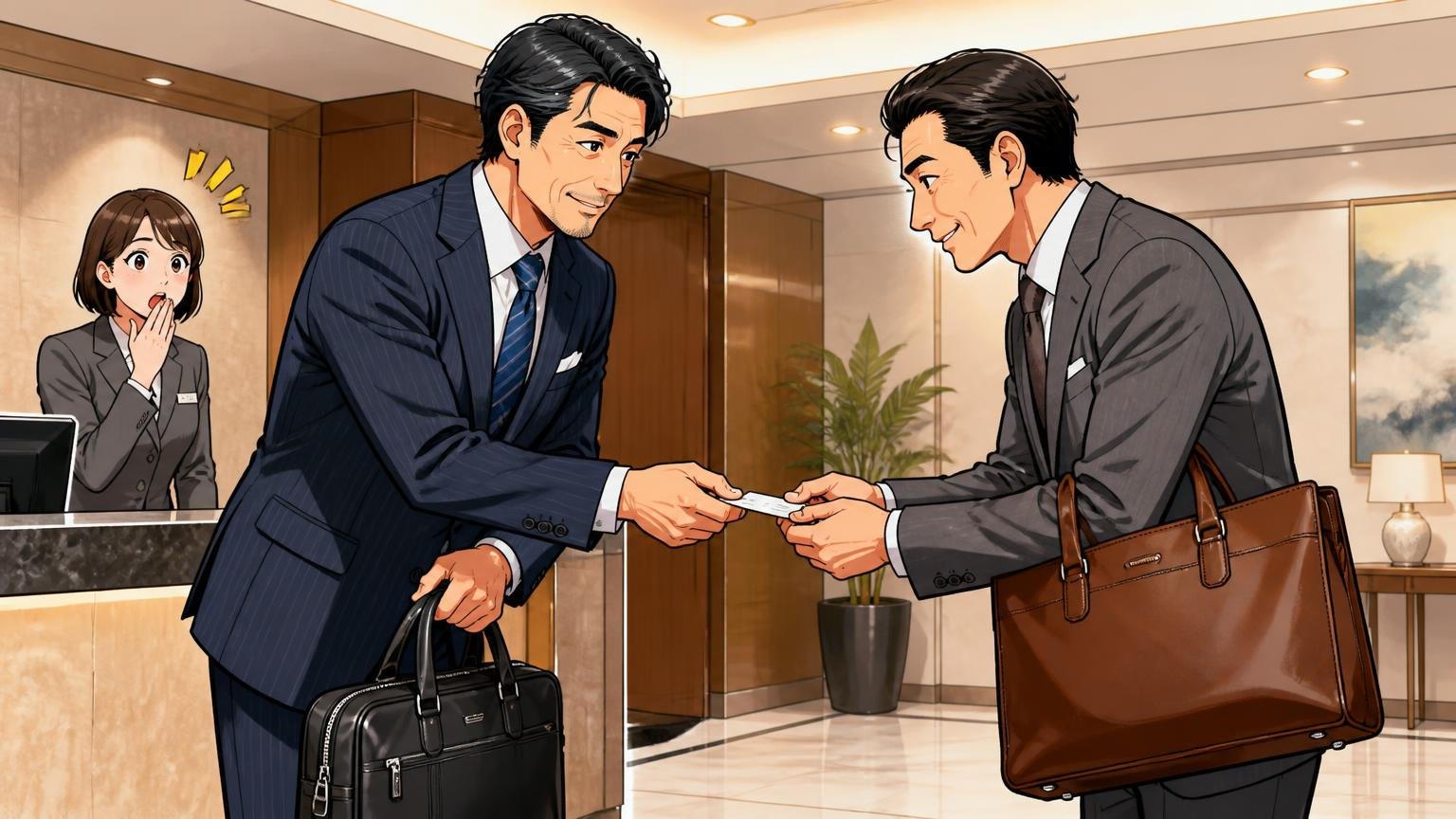 40代のバッグは「機能」より「見られ方」で差がつく 商談の受付でバッグを手に名刺交換する40代男性2人