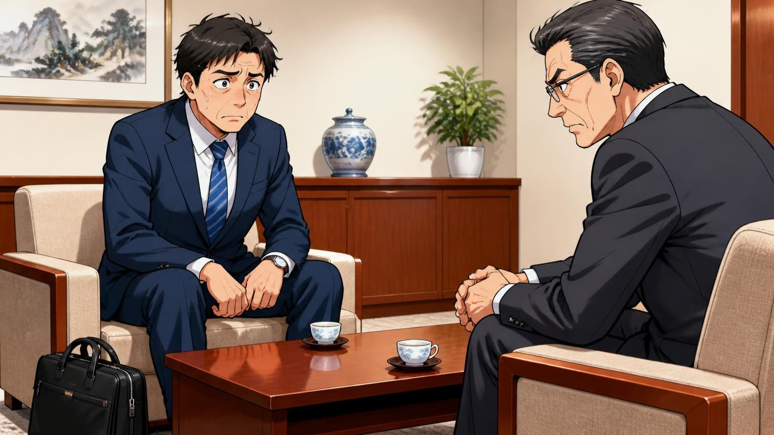 向いていない人 40代で商談に持ち出す 取引先の応接室でバッグを足元に置く場面 40代男性と50代男性の2人が向き合い緊張した表情