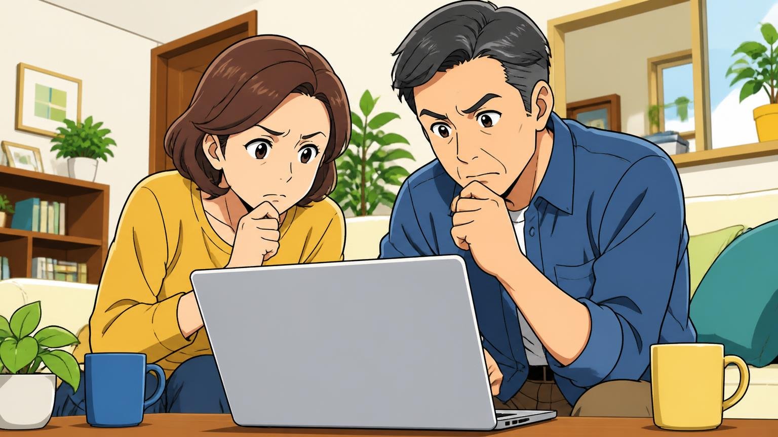 修理の窓口がはっきりしているブランドを選ぶ 自宅のリビングでノートパソコンの公式サイトの修理ページを見比べる40代夫婦の2人が真剣な表情