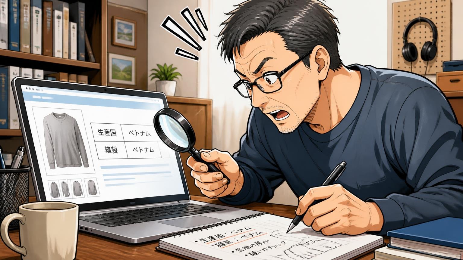 生産国と縫製は、商品ページで必ず確かめる。自宅の書斎でノートPCの商品ページを拡大しながらメモを取る40代男性1人の場面