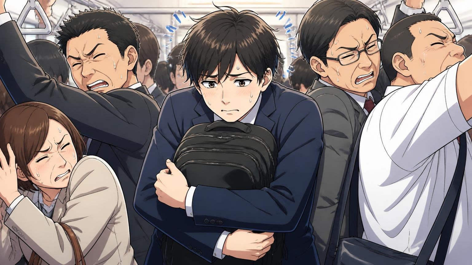 向いていない人、満員電車でかさばるバッグを抱えて周りに気を遣い縮こまる男性1人