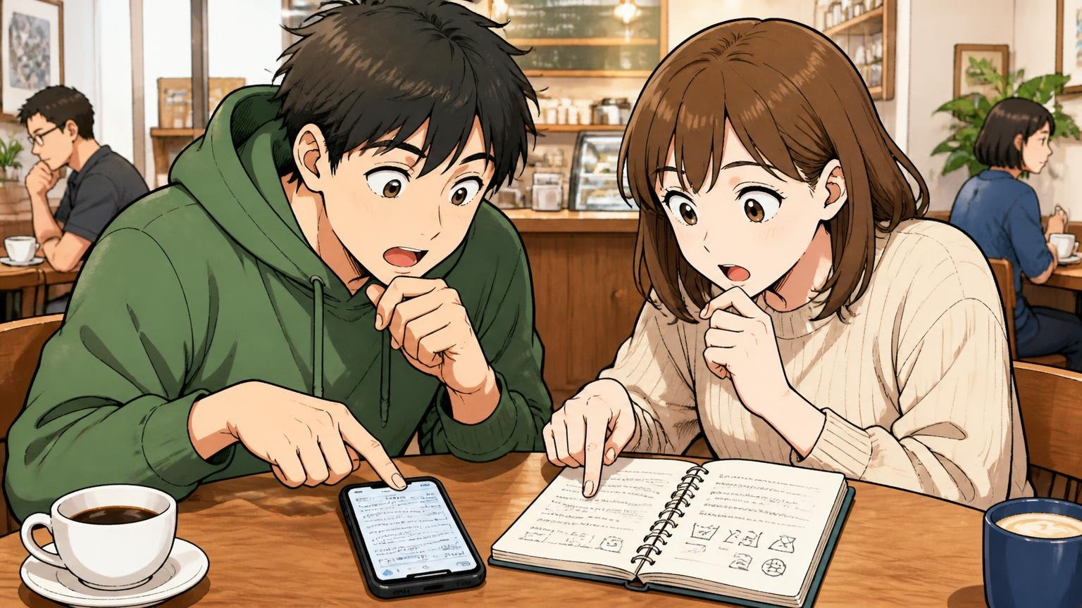 素材表示と生産国を、販売ページで確かめるカフェのテーブルでスマホとノートを並べて素材表示を比べる男女2人の場面