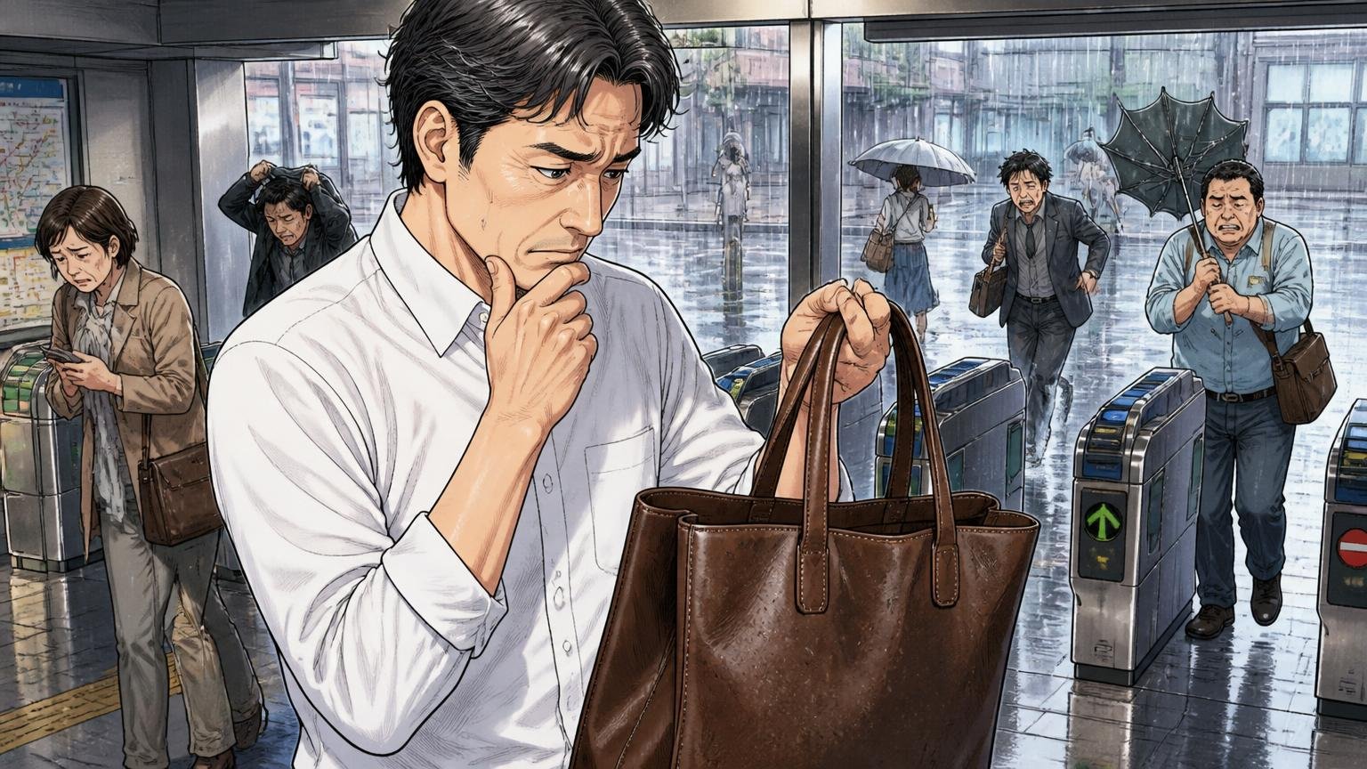 向いていない人 雨の日の改札前で白シャツ姿のまま革トートを持つか迷う場面 40代男性1人 眉をひそめて考え込む