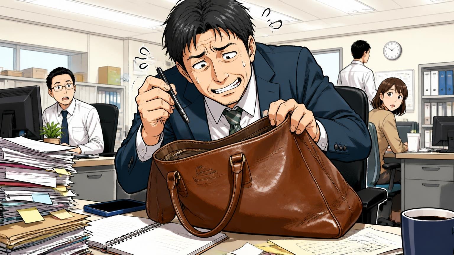 向いていない人：軽さ・整理しやすさ・価格を優先したい人、オフィスで40代男性が重い革トートとペン探しに苦笑いする場面