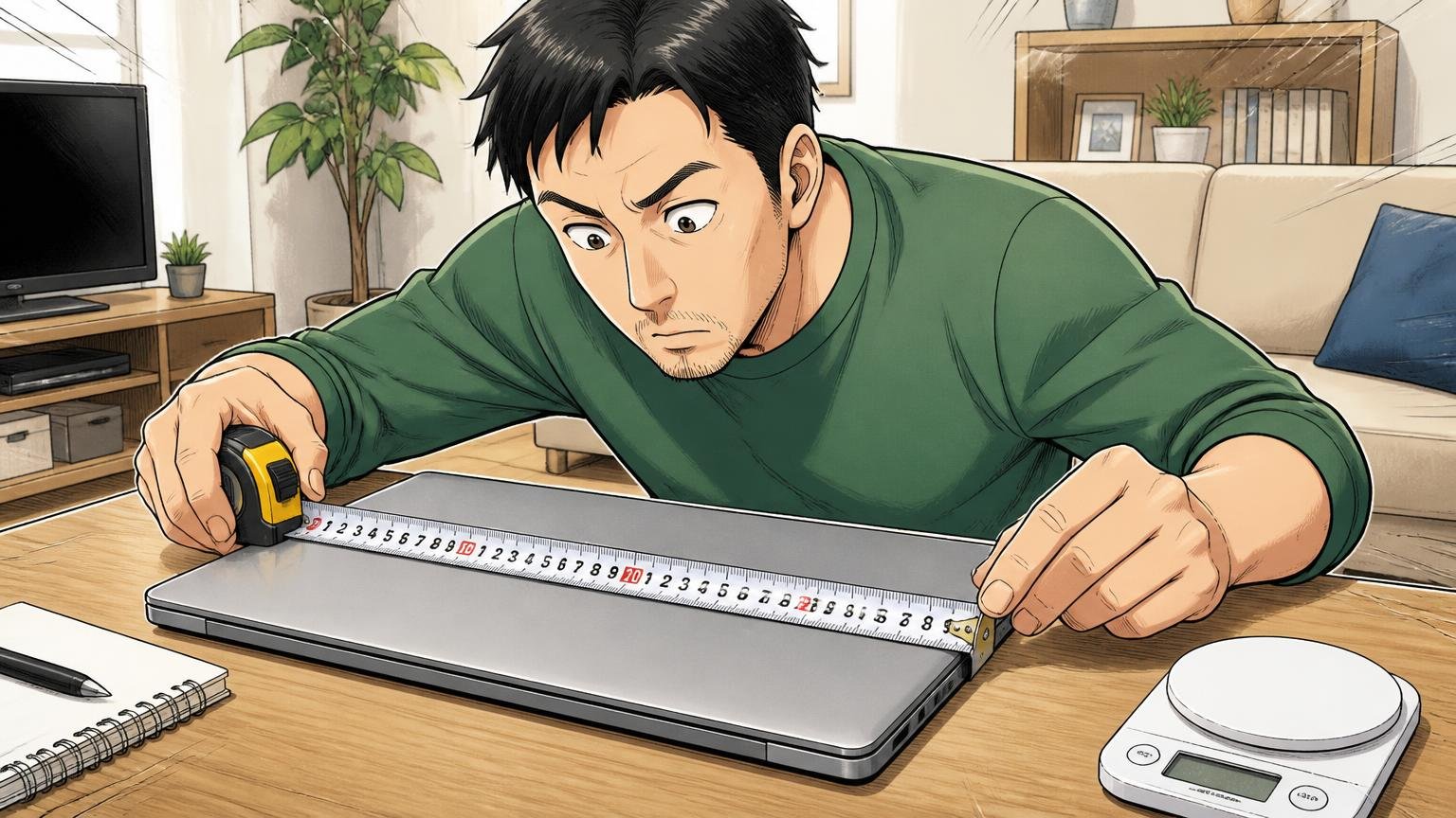 重さとサイズを数字で確かめる 自宅のリビングでメジャーを使いノートPCの寸法を測る40代男性1人