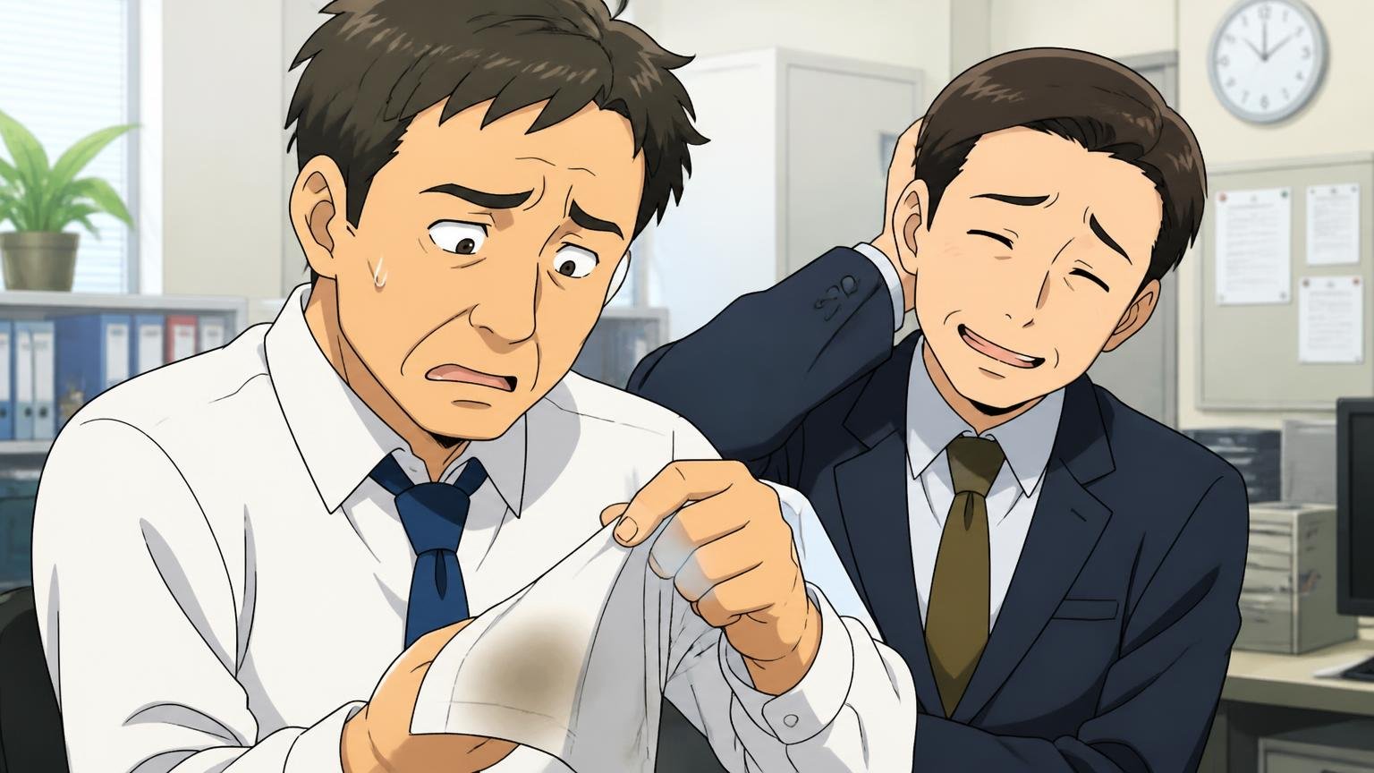 向いていない人：色落ちが気になる人　白いシャツの袖を見つめて困った顔をする40代男性と横で苦笑する同僚の場面