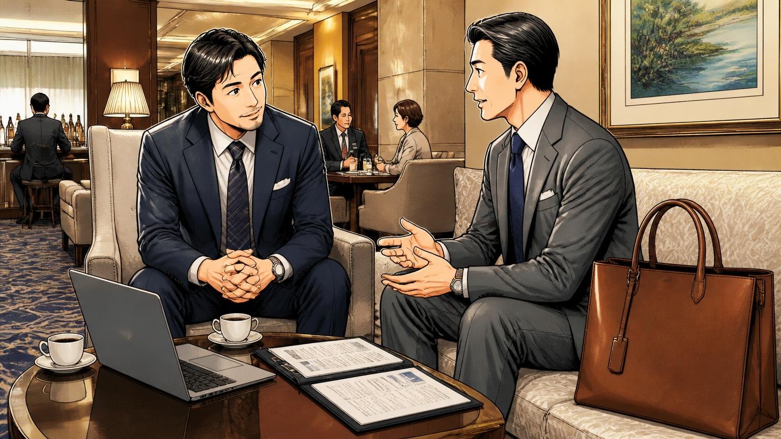 向いていない人は革の質感と落ち着きを求める人　高級ホテルのラウンジで革のトートバッグを横に置く場面　40代男性2人がスーツ姿で穏やかに商談する