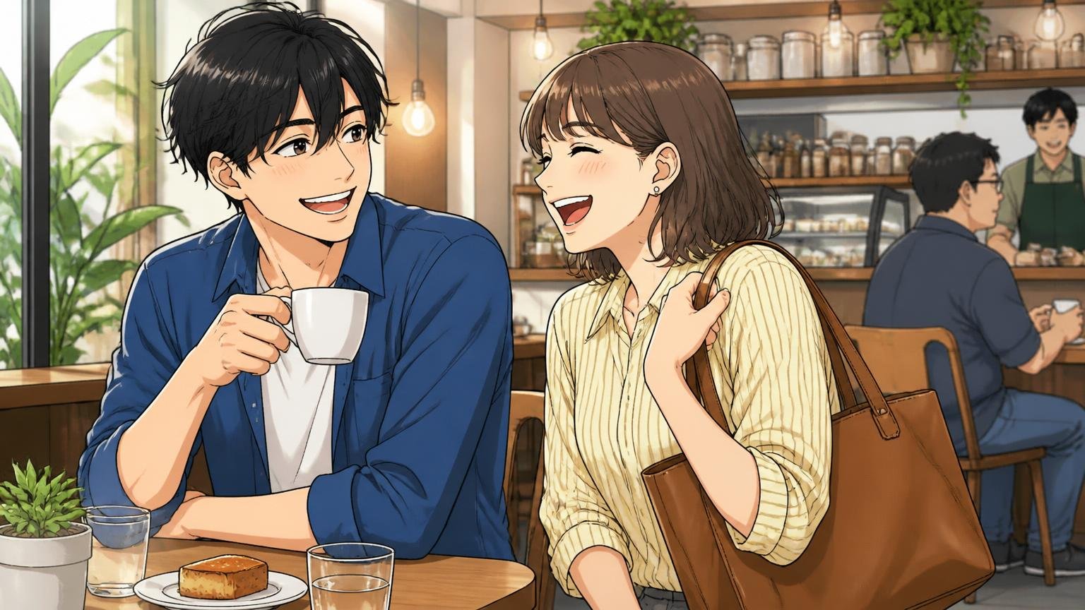 型崩れしにくい革のビジネスバッグが向いていない人 休日のカフェで柔らかい革のトートを肩に掛ける場面 男女2人がくつろいだ笑顔