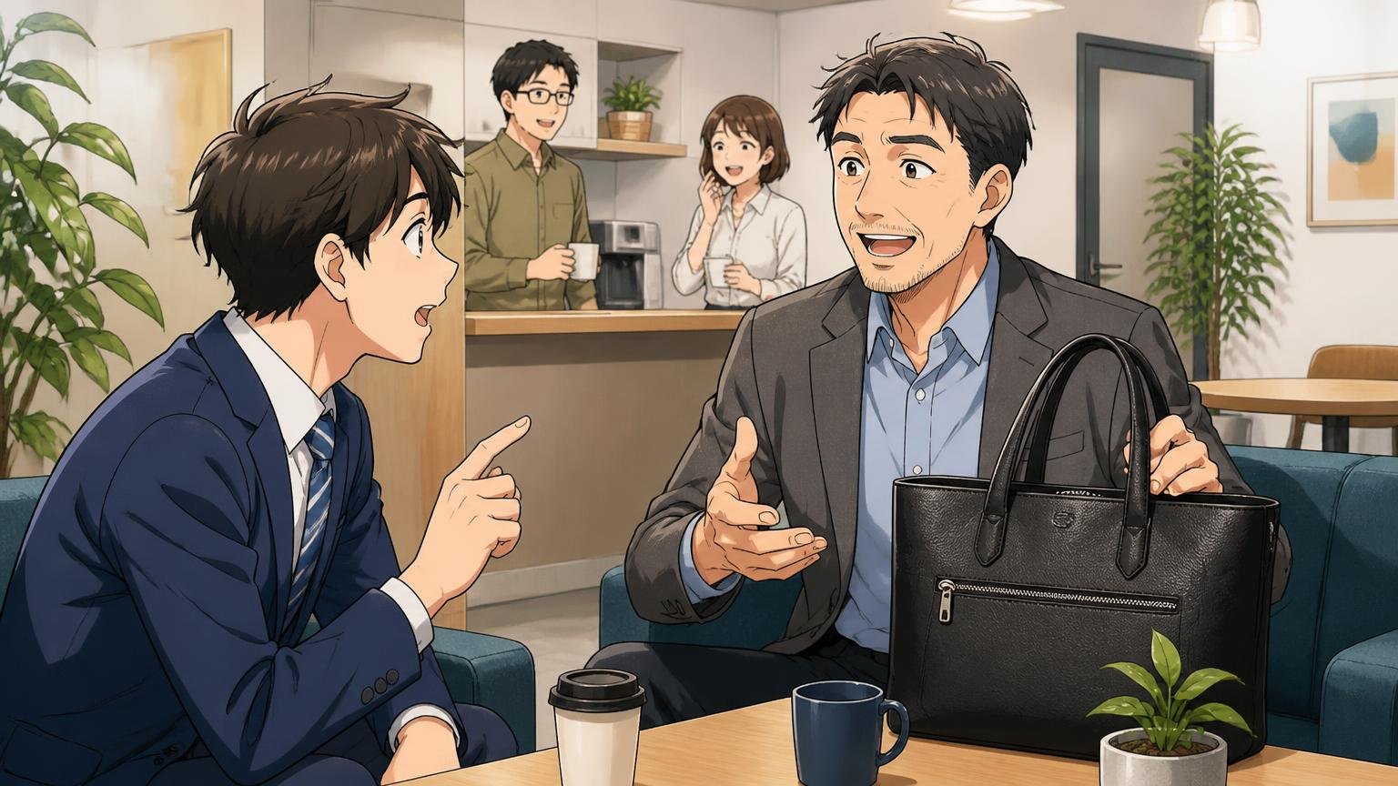 ソラチナのトートバッグのよくある質問 オフィスの休憩スペースで先輩に質問する若手男性と答える40代男性の2人の場面
