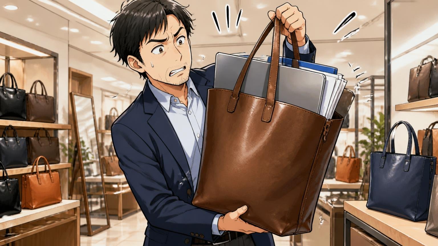 自分のPCと書類で「入るか・重すぎないか」/バッグ売り場で自分のノートPCと書類を革トートに入れて持ち上げる40代男性1人