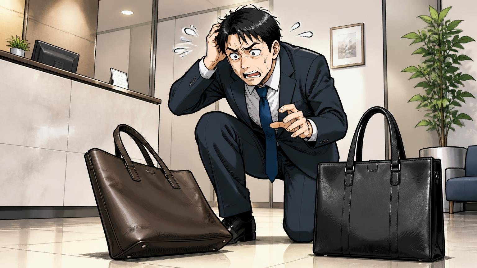 向いていない人　取引先の受付で床に置いた革のトートが傾ききちんと立つ鞄と見比べる40代男性1人が焦る