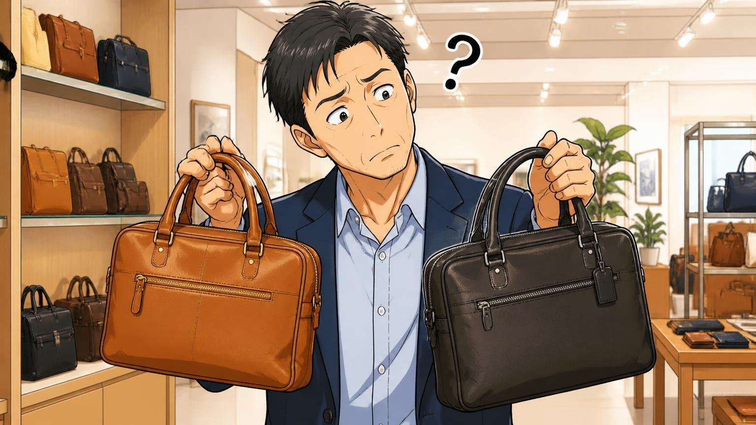 向いていない人ショールームで2つの革バッグを手に取り首をかしげて迷う40代男性1人