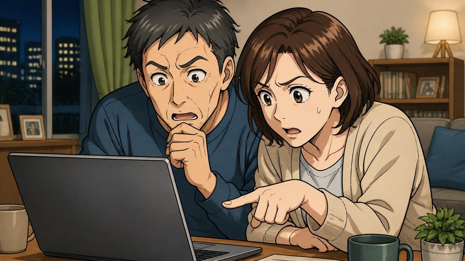 原産国・修理・返品の条件を、公式サイトと販売店で確かめる：夜のリビングでノートパソコンの画面に映る返品条件を指でなぞりながら確認する40代夫婦2人の真剣な場面