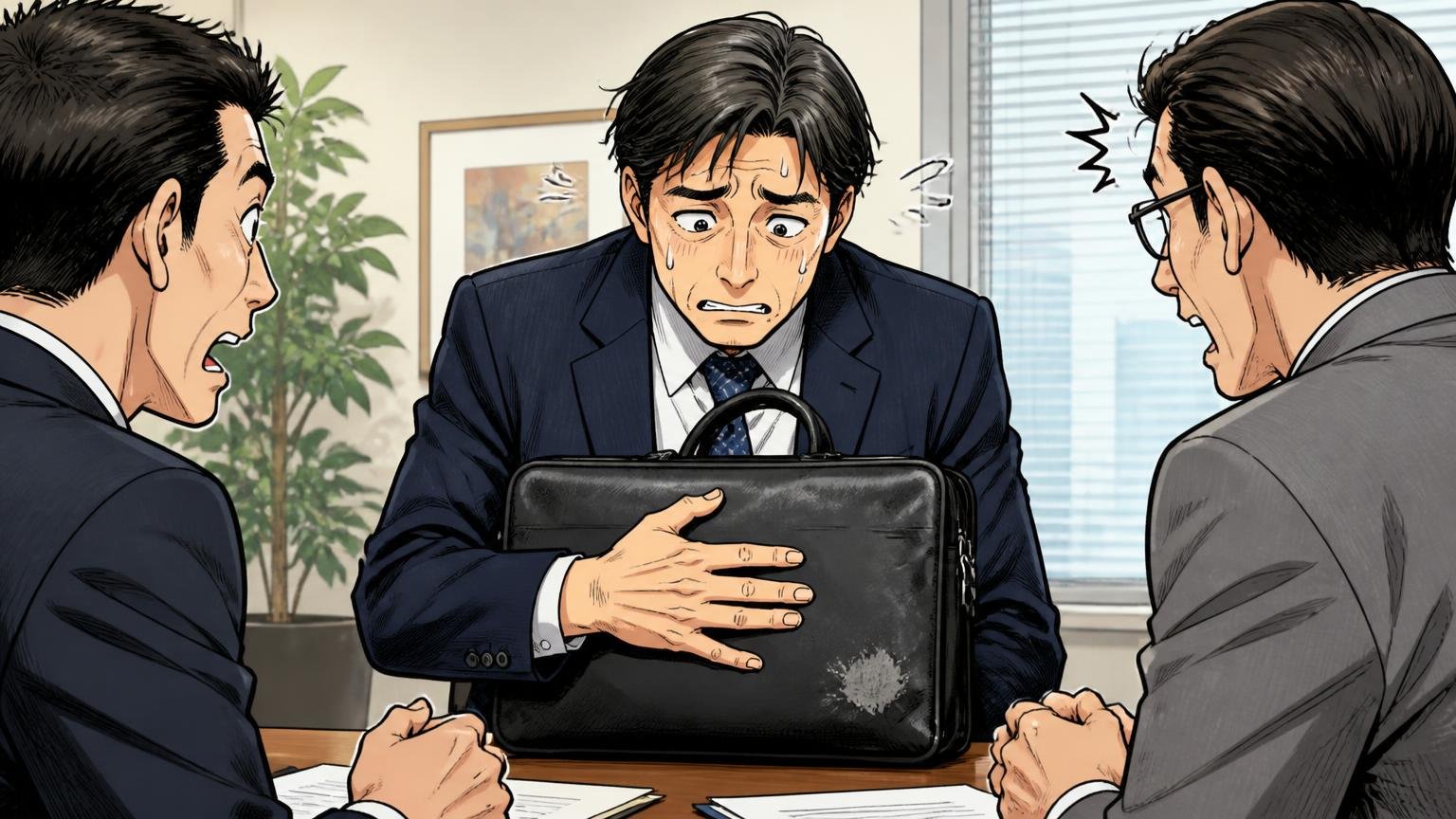 向いていない人 オフィスの商談スペースで取引先を前に40代男性がバッグの擦れを気にして手で隠す場面