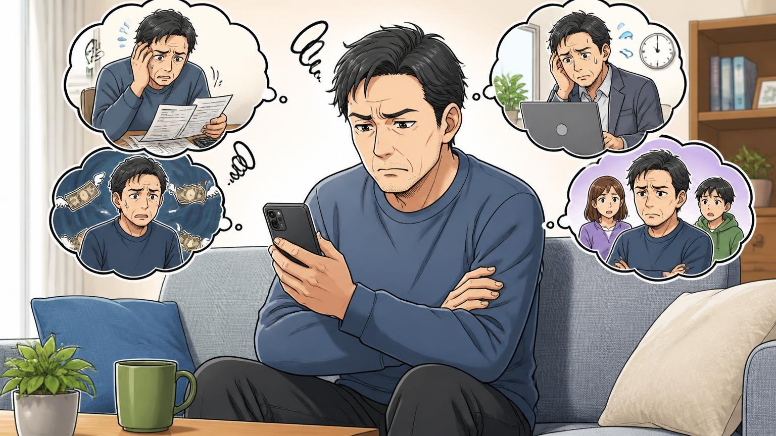 向いていない人、自宅のソファでスマホを見ながら悩む40代男性1人が腕を組んで考え込む場面