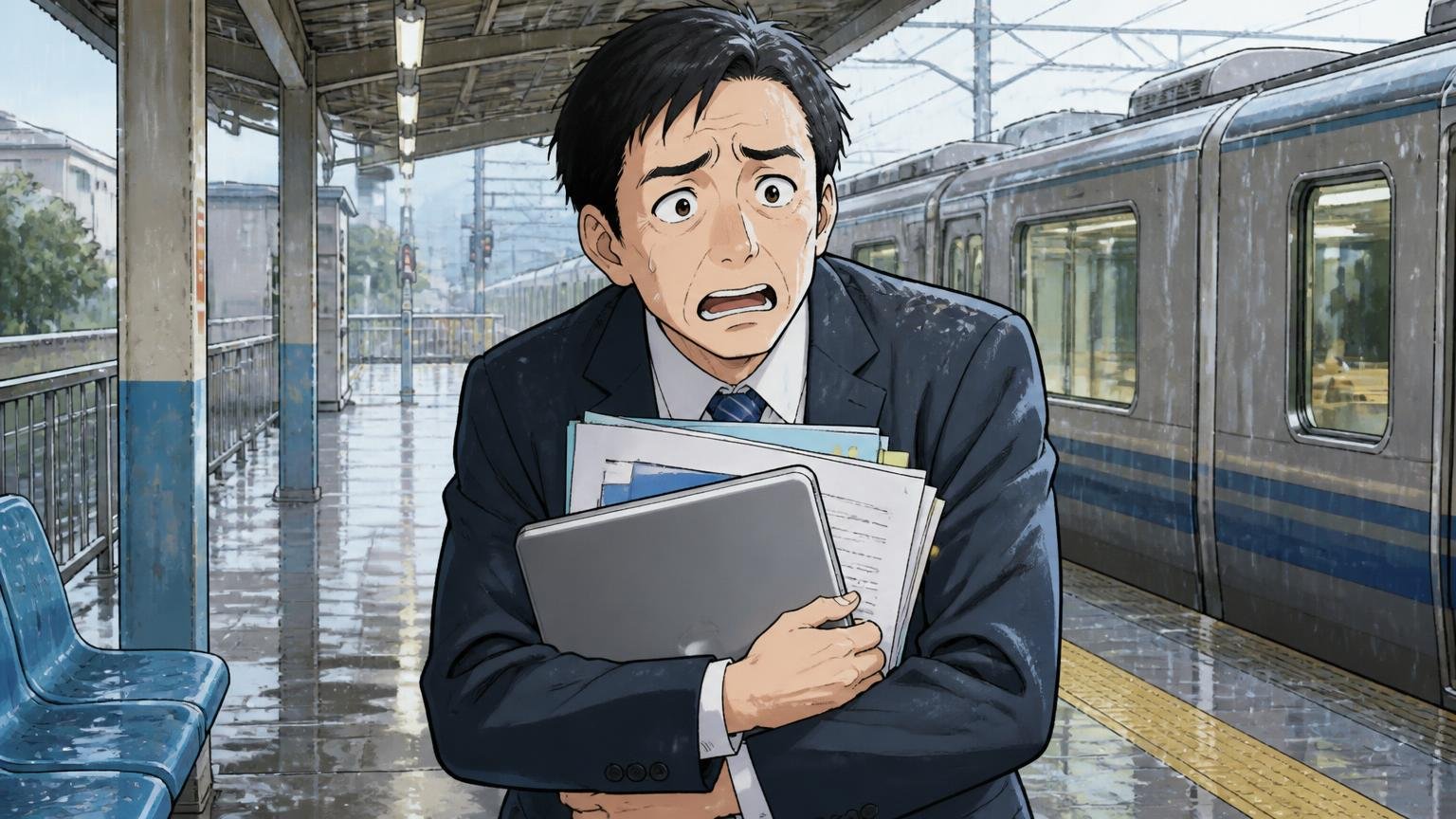 向いていない人 雨の朝の駅のホームで書類とパソコンを抱えた40代男性1人が困り顔をする場面