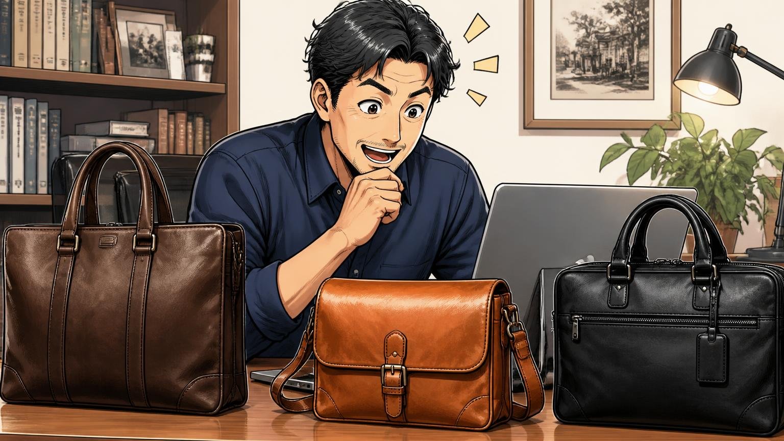 土屋鞄の評判を調べ尽くした40代が、最終候補に並べたい日本製メンズ革バッグブランド3選 自宅の書斎でPCを開き革バッグを比べる40代男性1人が納得する場面