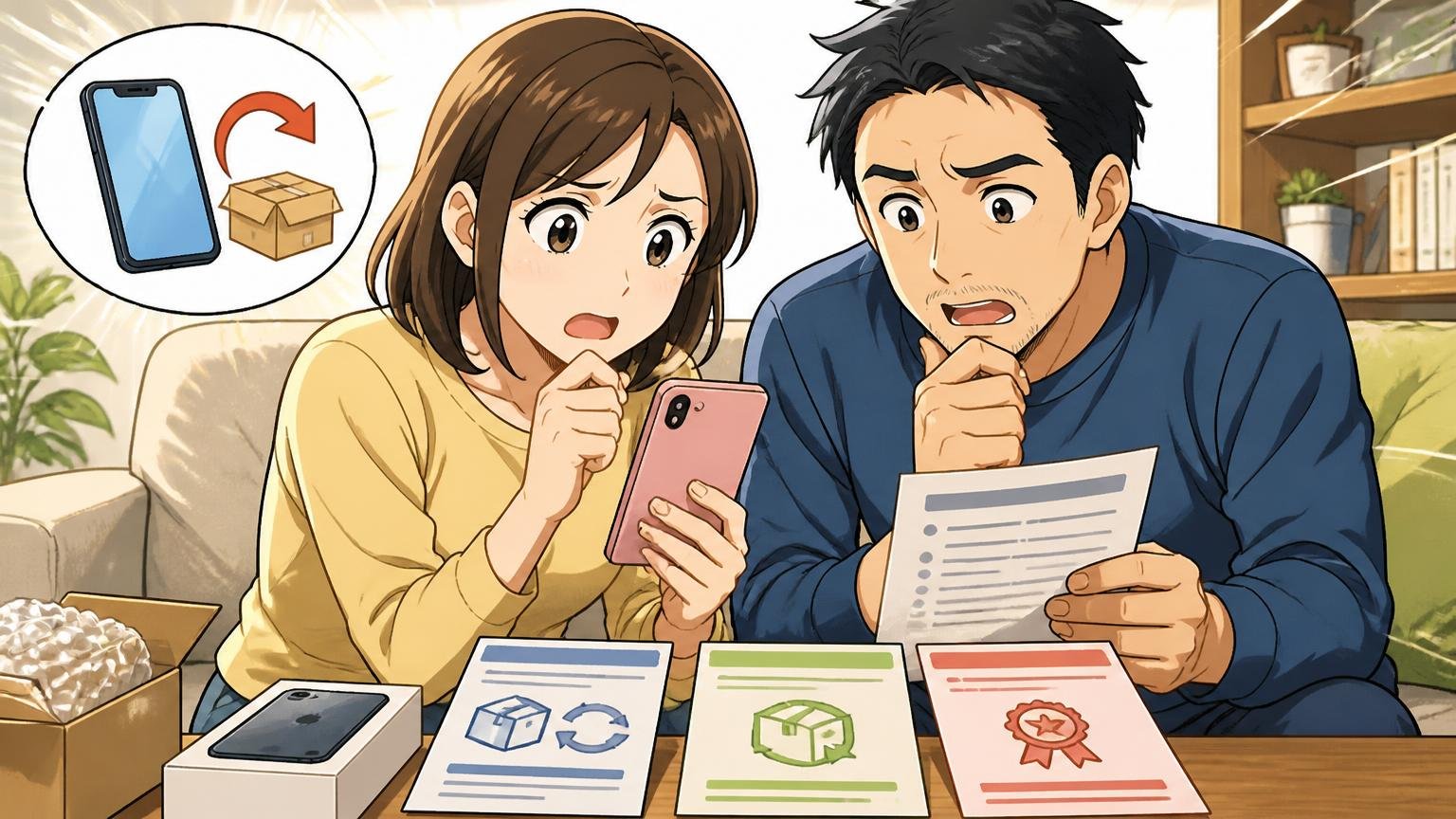 購入先で変わる「返品・交換・ギャランティカード」を必ず確認 自宅のソファでスマホの購入画面を見ながら返品条件を読み込む30代女性と40代男性の夫婦2人