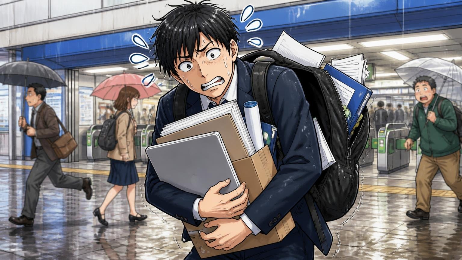 向いていない人、雨の日の駅前で大きな荷物とPCを抱えた男性がリュックに入りきらず困り果てる場面