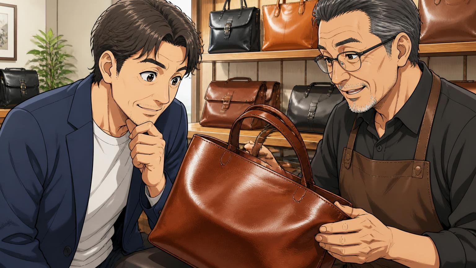 10万円台はまだ早いと感じた40代が次に見比べたい日本製の革バッグブランド、ショールームで革の艶を確かめうなずく40代男性と職人の2人